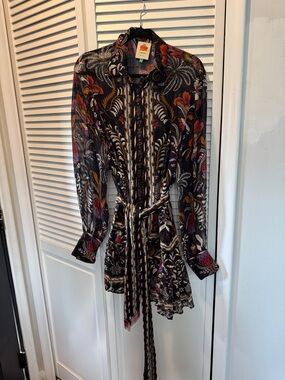 FARM Rio Black Sheer Floral Paisley Tie-Waist Shirt Dress